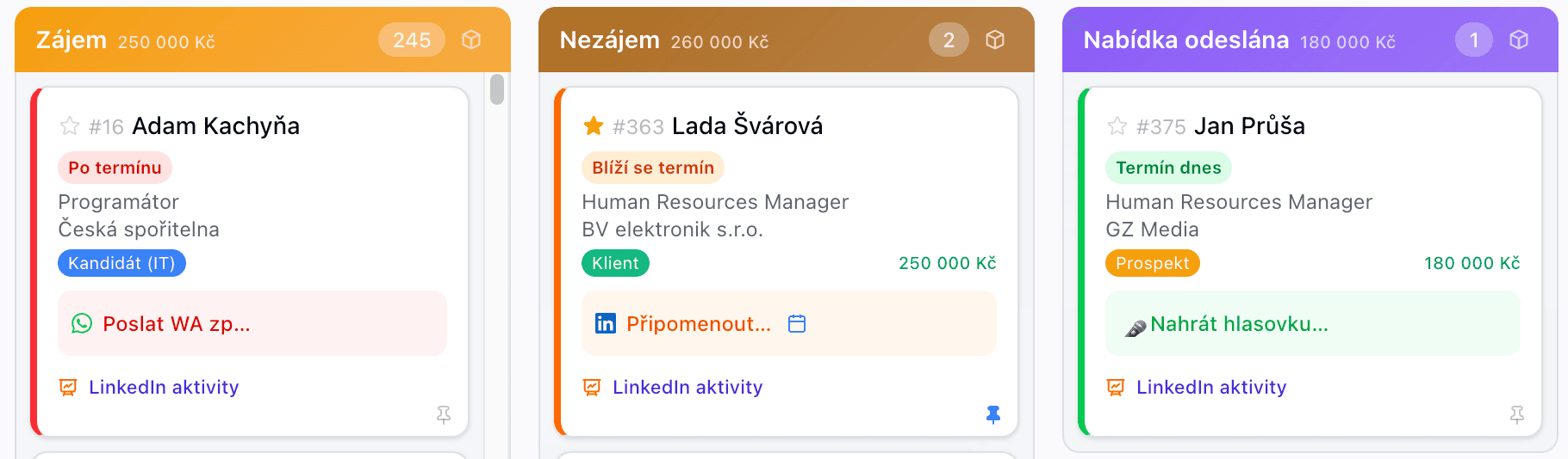 Follow Up Board — kontaktní karty v pipeline